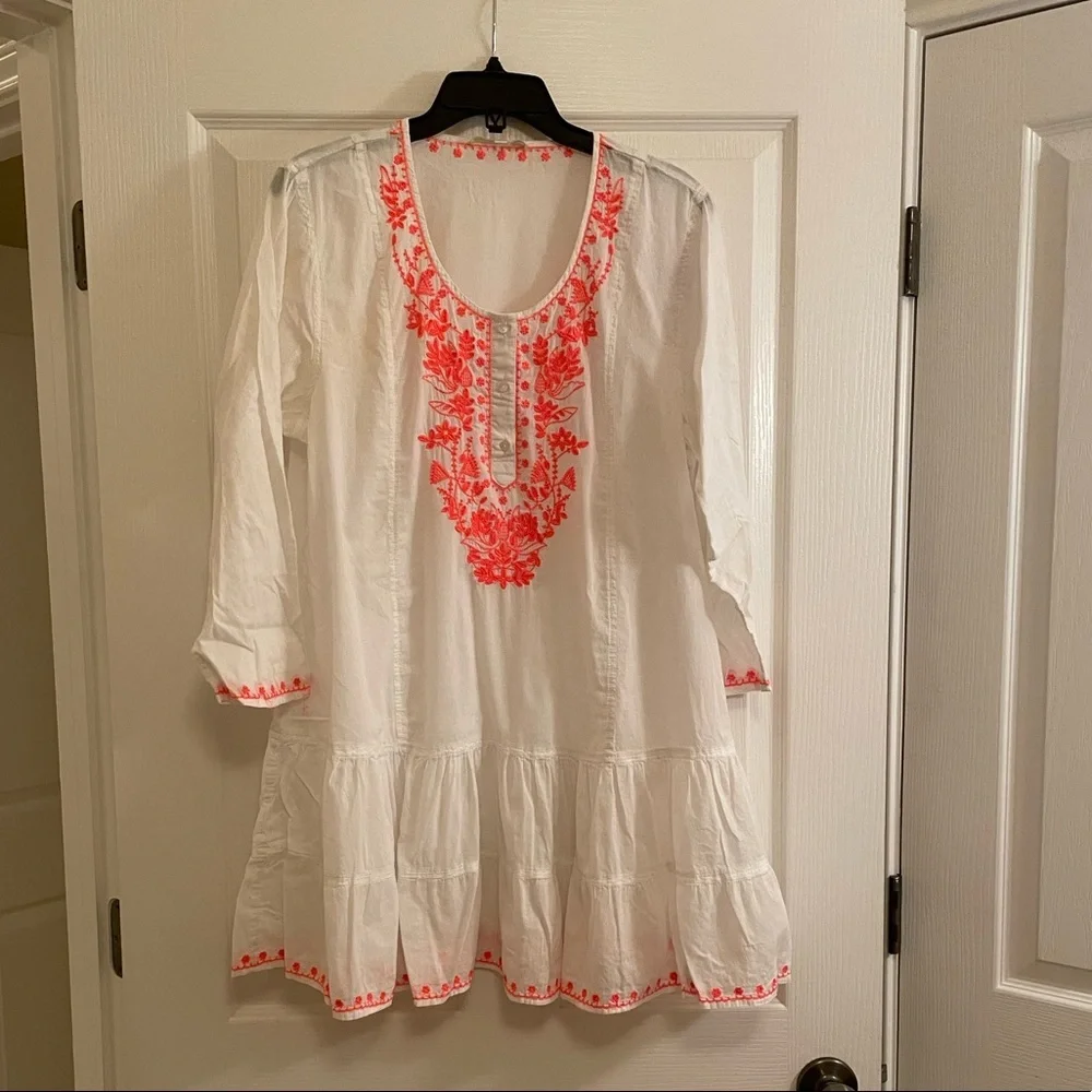 Gianni Bini White Swim Coverup with Coral Embroidery